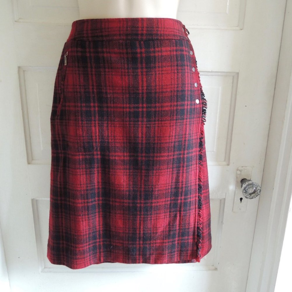Eddie Bauer Red & Black Wool Blend Plaid Wrap Fringed Skirt 10P
